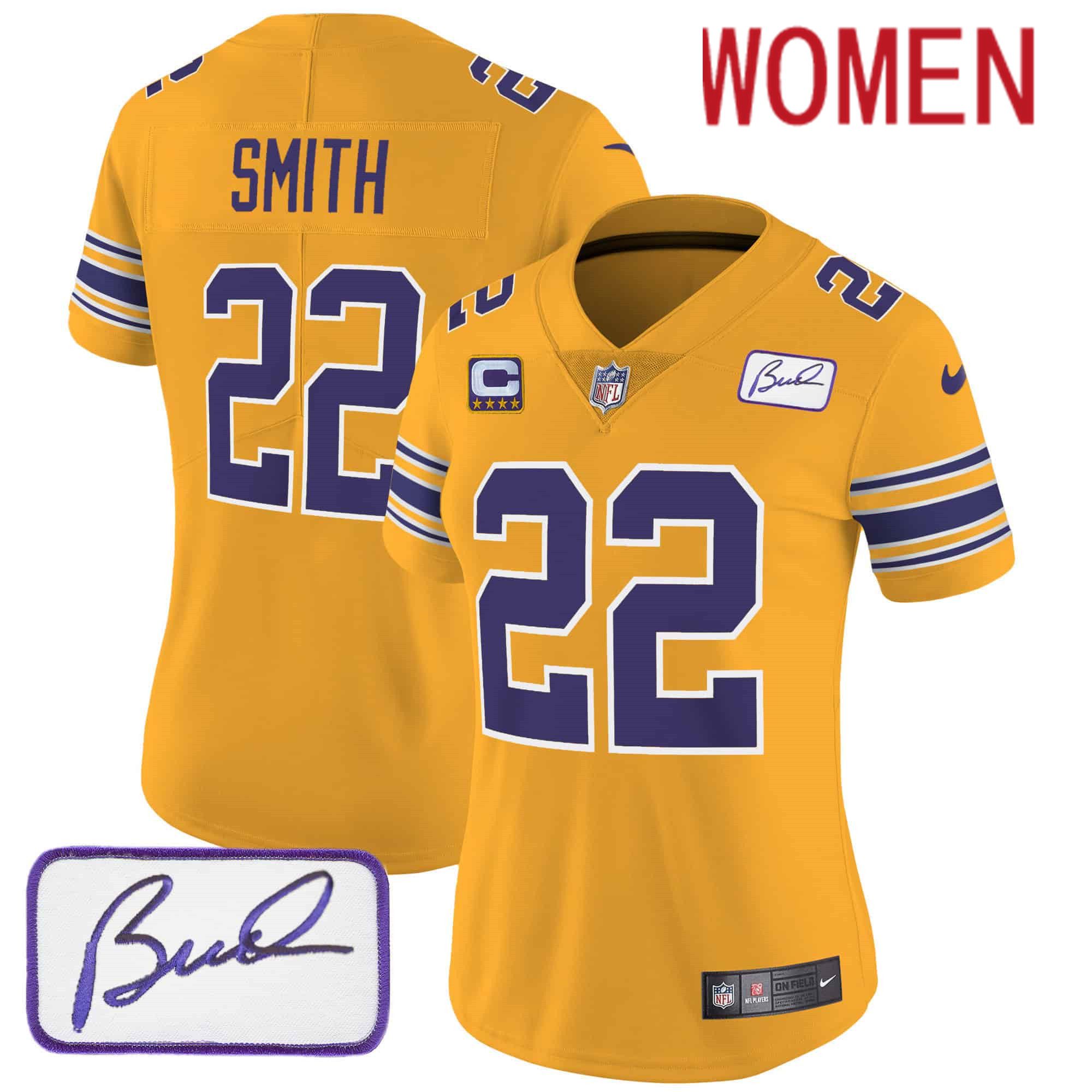 Women Minnesota Vikings #22 Smith Yellow 2024 Nike Bud Grant Patch Classic Limited NFL Jersey